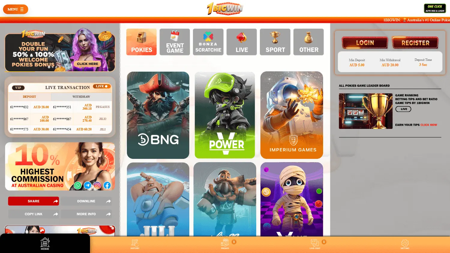 1BigWin Casino home screen on desktop