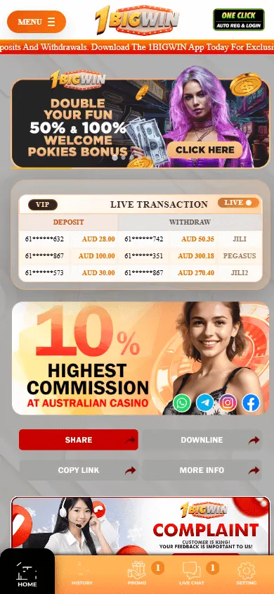 1BigWin Casino home screen on a mobile device