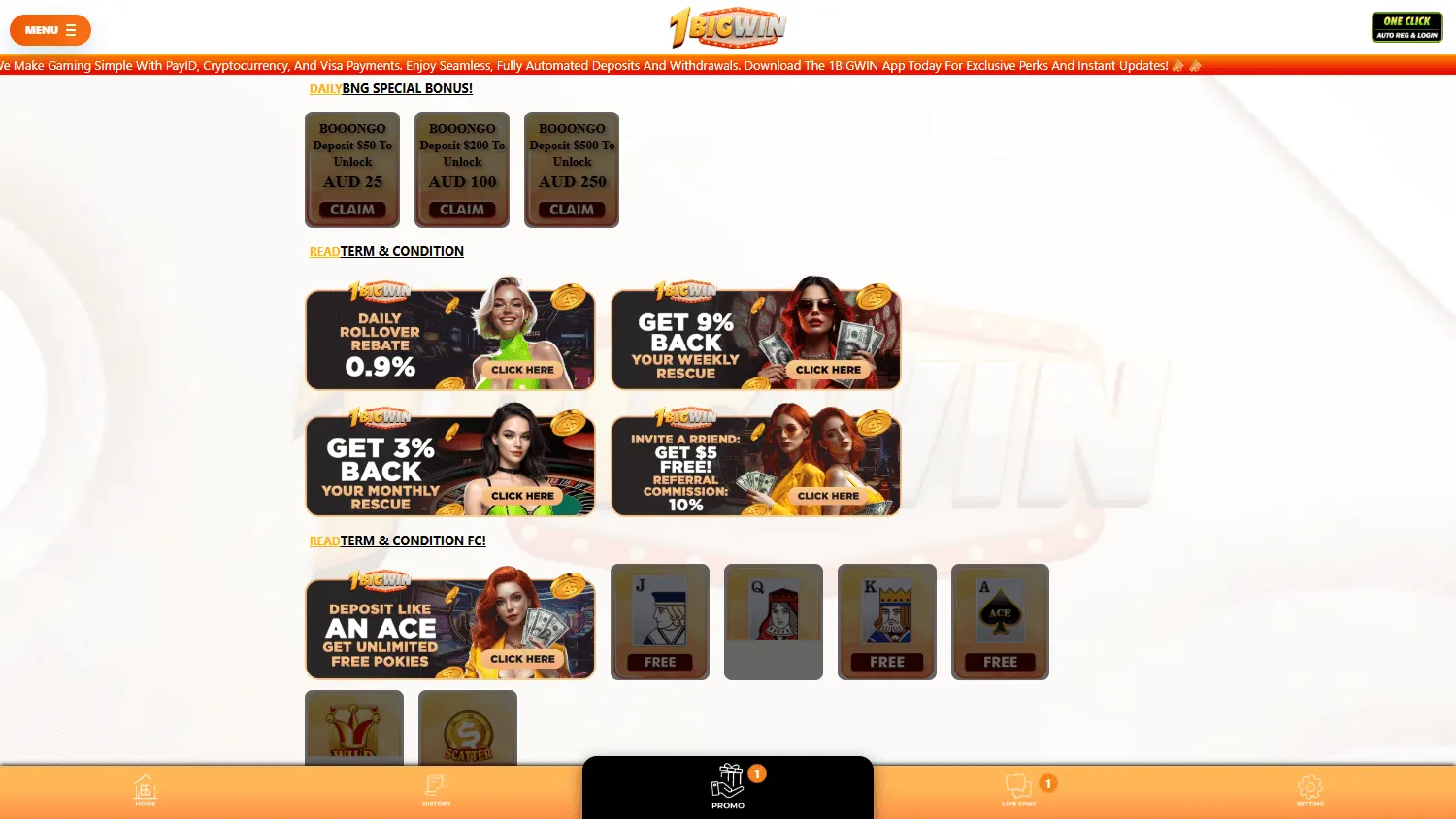 1BigWin Casino promotions screen on desktop