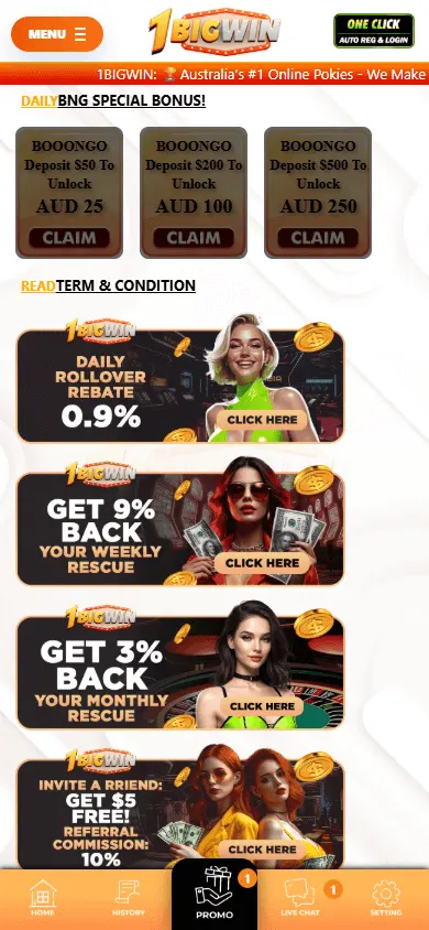 1BigWin Casino promotions screen on a mobile device